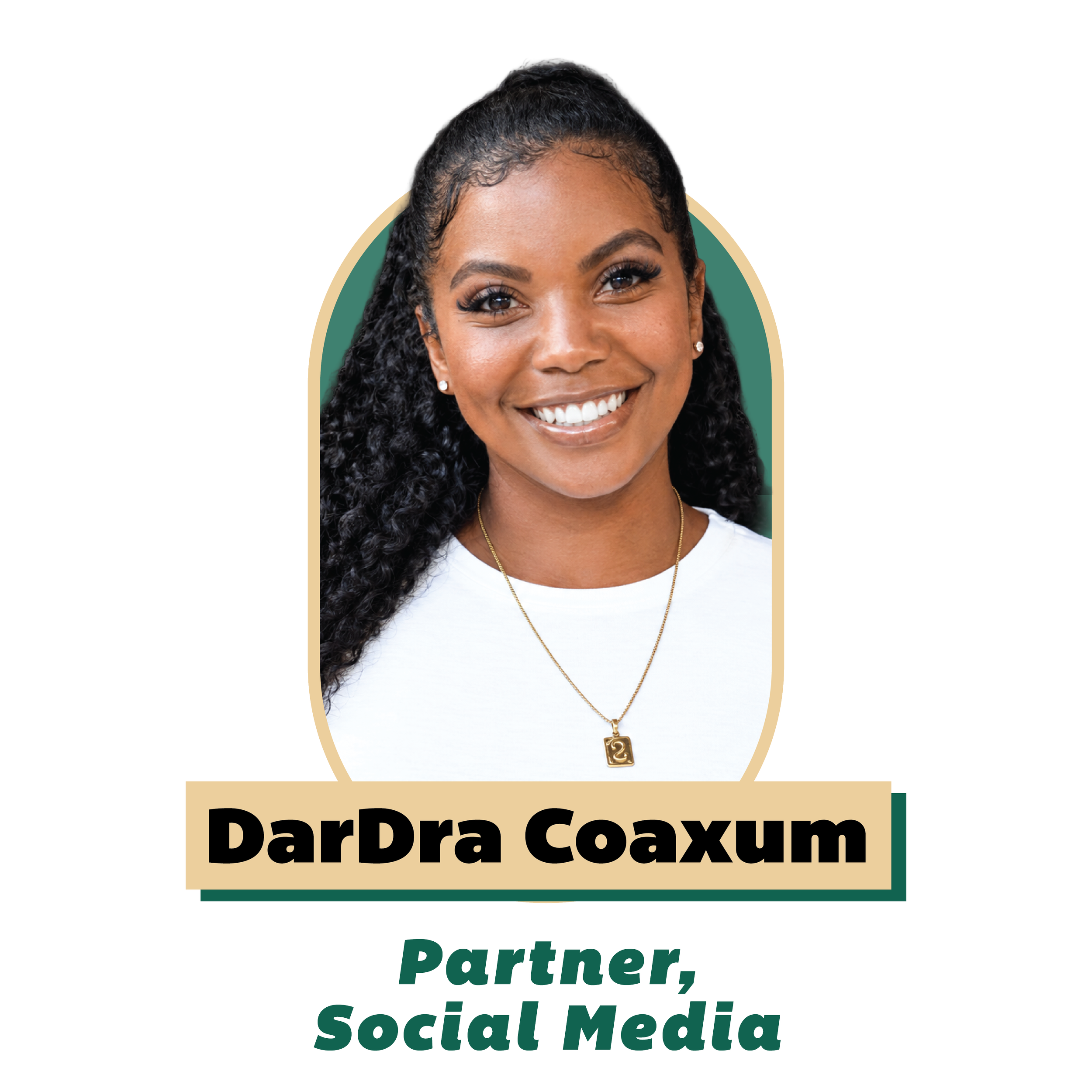 A smiling woman with curly black hair and earrings, wearing a gold necklace with a pendant, in front of a background displaying text about social media and digital marketing services.