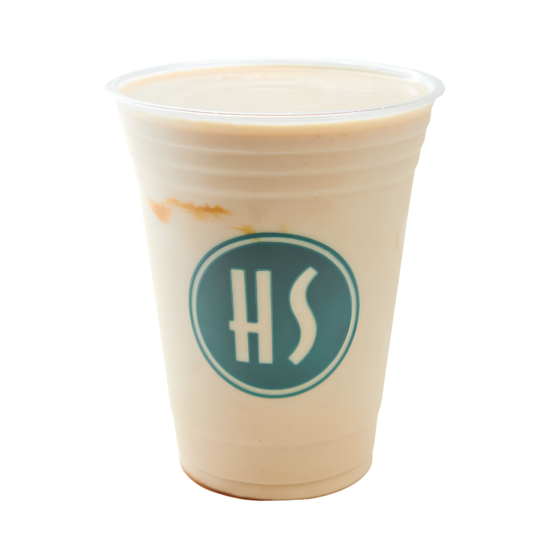 A plastic cup filled with a creamy beverage, featuring a blue logo with the letters 'HS' on the front.