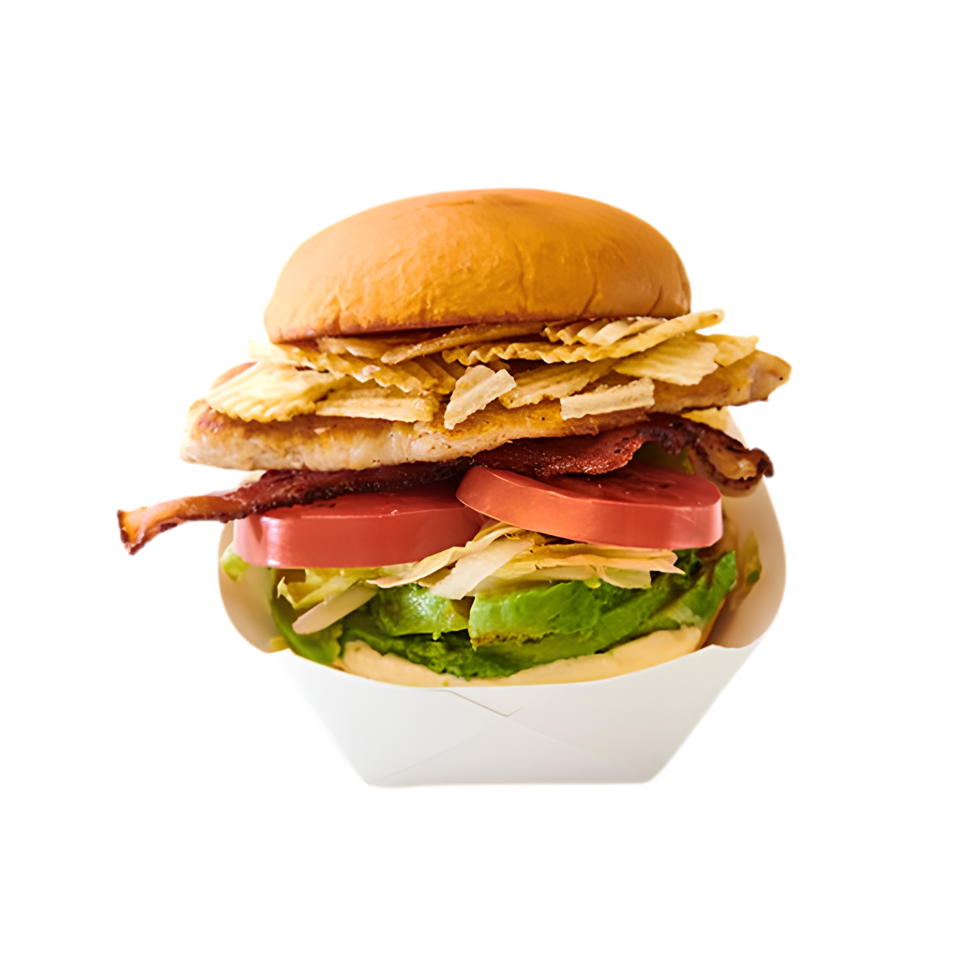 A large burger with crispy chicken filet, tomato slices, lettuce, bacon, cheese, and a hamburger bun, served in a white container.