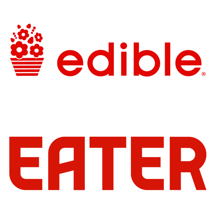 Logo with a potted flower in red and white above the words "edible" and "EATER" in red font.