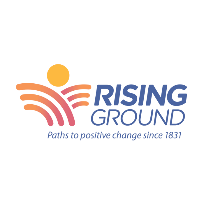 Logo for Rising Ground featuring an orange sun, stylized orange and pink lines representing land or pathways, and text reading 'Rising Ground' with the tagline 'Paths to positive change since 1831'.