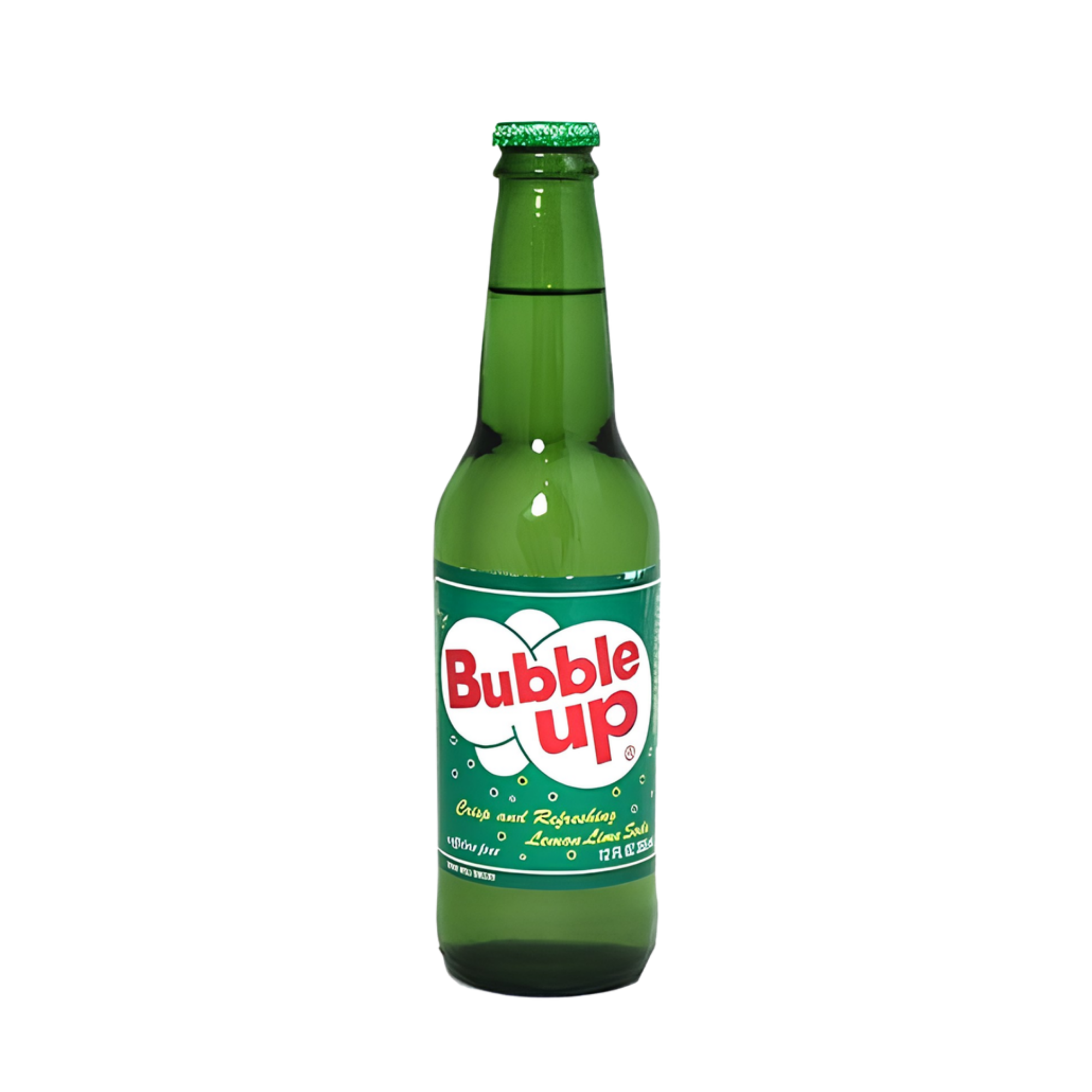 Green bottle of Bubble Up soda with a white label and red text, carbonated bubbles on the surface.