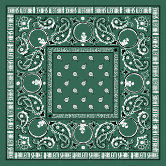 A green bandana with a pattern of white paisleys, floral motifs, and text saying 'Harlem Shake' and 'Times Square' around the border.