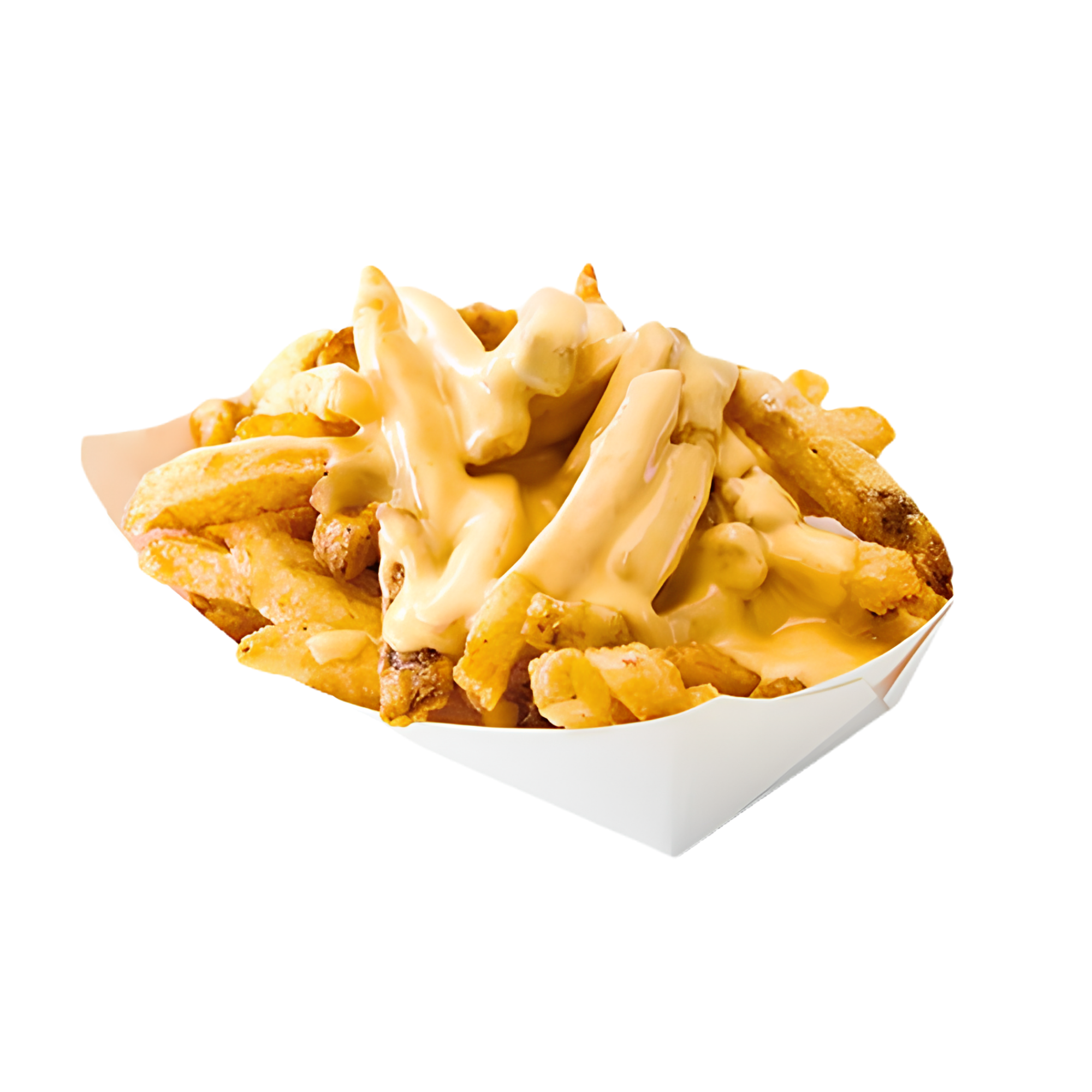 French fries topped with melting cheese, cheese sauce, and crispy chicken strips in a white paper container.