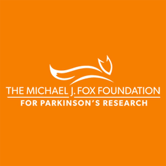 Orange background with white logo and text for the Michael J. Fox Foundation supporting Parkinson's research.