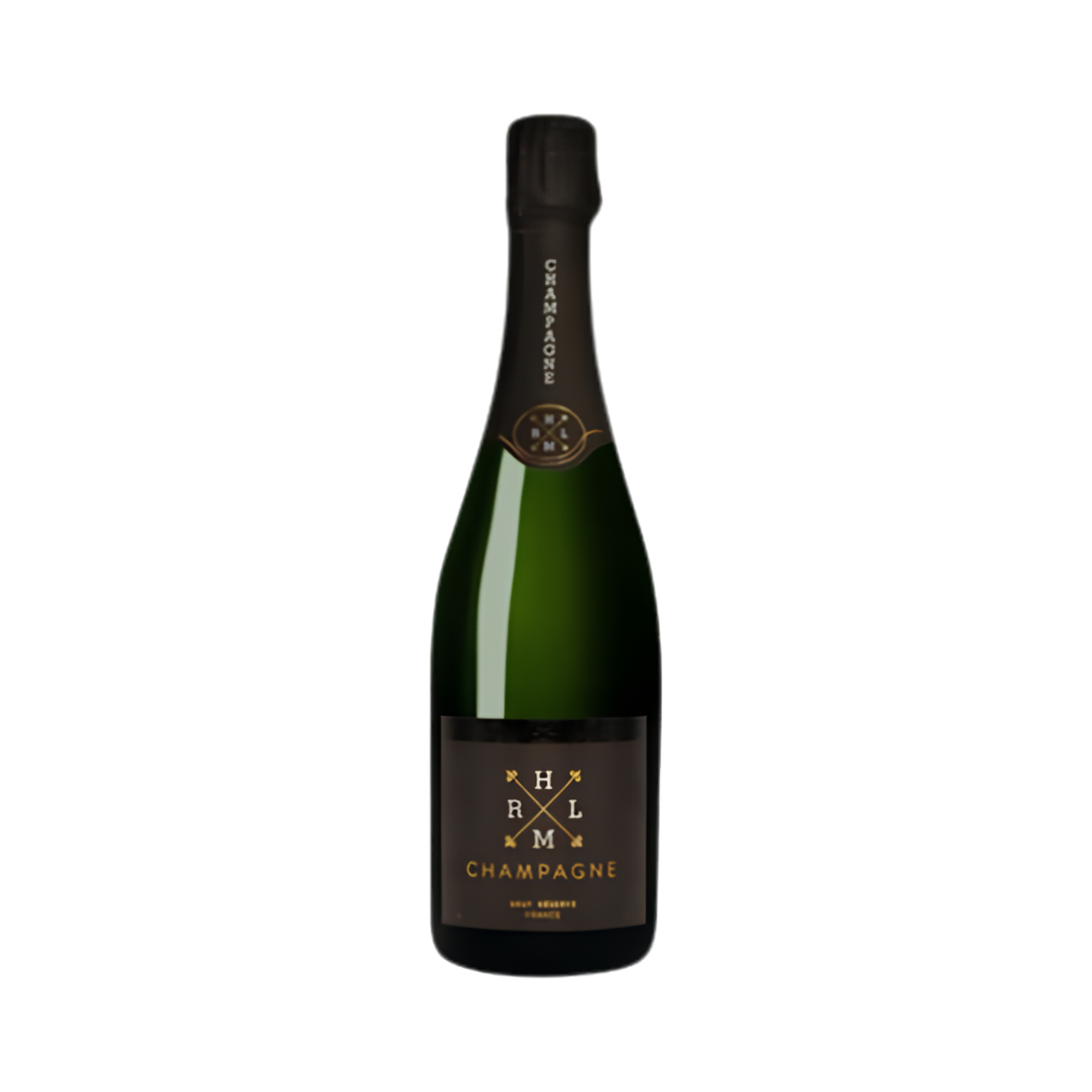 A green champagne bottle partially visible behind a black label with gold accents, the label reads 'Champagne' and has crossed gold swords and the word 'Champagne' written at the bottom.