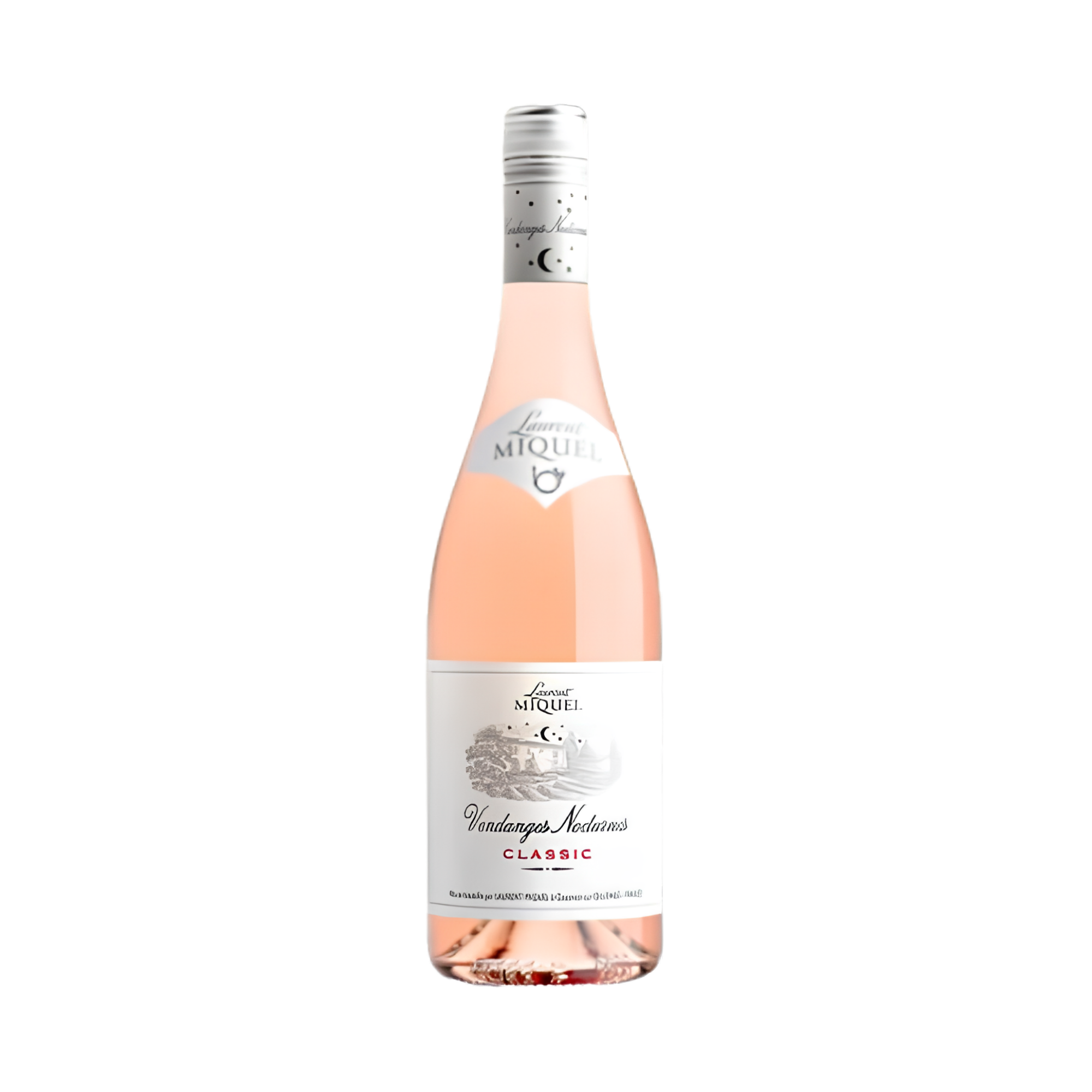A bottle of Miquel Vondangos Nostrax Classic rosé wine with a white label featuring black text, a black crescent moon, and illustrations of grapes, set against a black background.