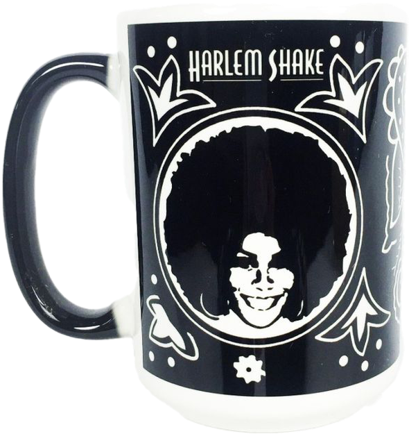 Black mug with a white graphic of a smiling woman with an afro hairstyle, surrounded by decorative designs and the text "Harlem Shake" at the top.