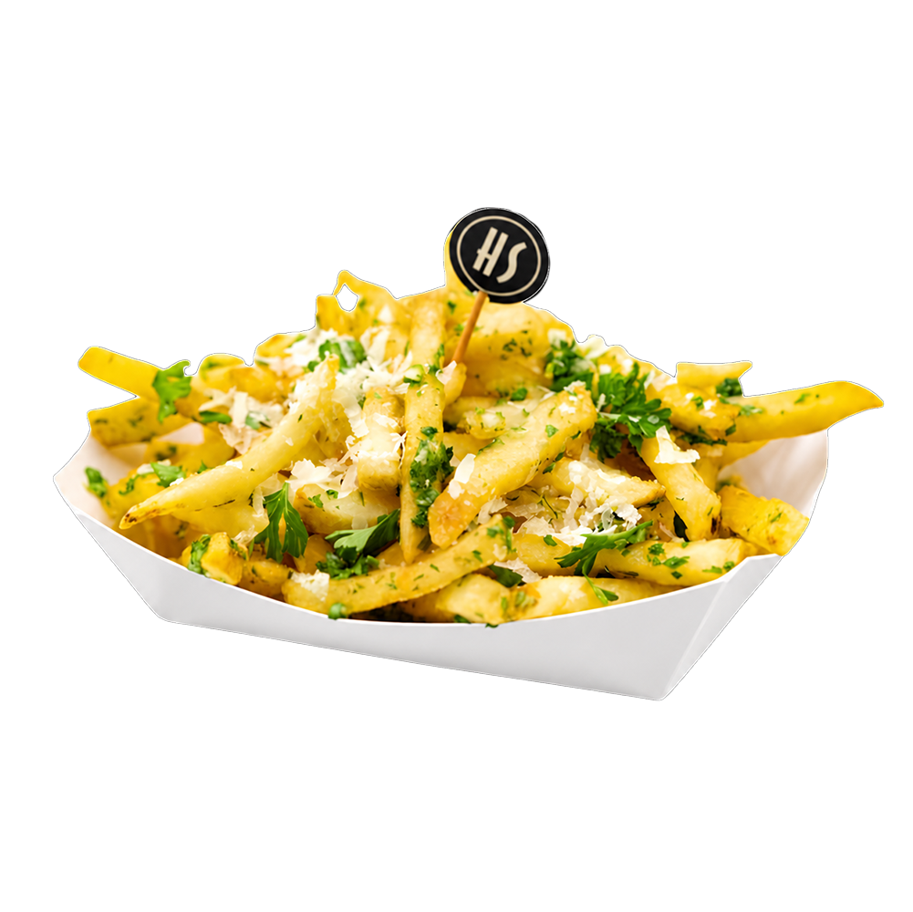 A plate of cheese fries topped with chopped green herbs and grated cheese, served with a small flag toothpick that has 'HS' on it.