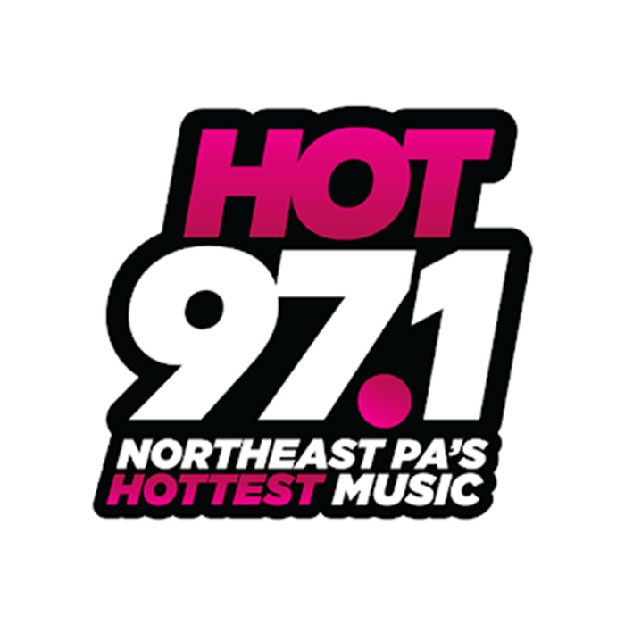 Hot 97.1 logo with bold black, pink, and white text, advertising as Northeast PA's hottest music station.