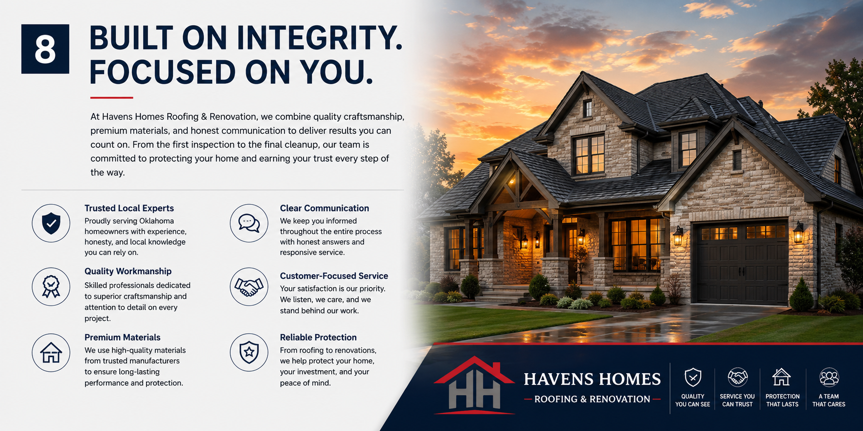 A flyer for Havens Homes Roofing & Renovation featuring a large house at sunset with a well-maintained lawn, next to text highlighting their commitment to integrity, quality, and customer service, accompanied by icons representing trust, craftsmanship, communication, and protection.