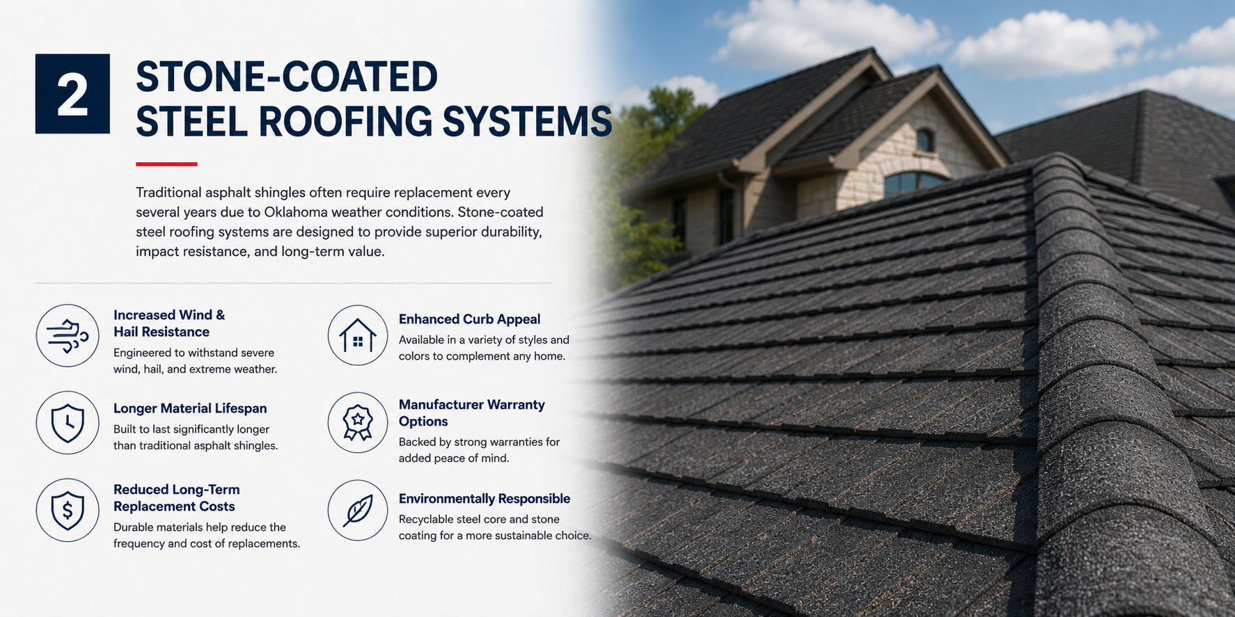 Page about stone-coated steel roofing systems with text highlighting features like wind resistance, durability, warranty options, and eco-friendliness, alongside a photo of a house roof with dark shingles.