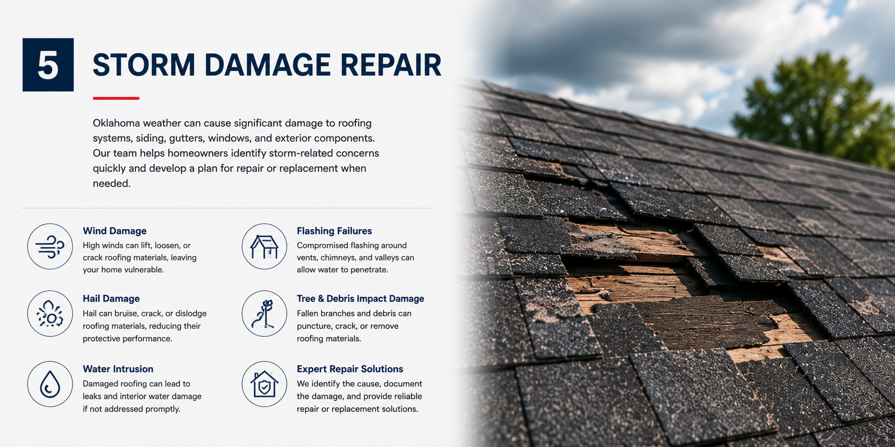 Information sheet about storm damage repair with a close-up image of damaged roofing shingles and a background with a cloudy sky and trees.