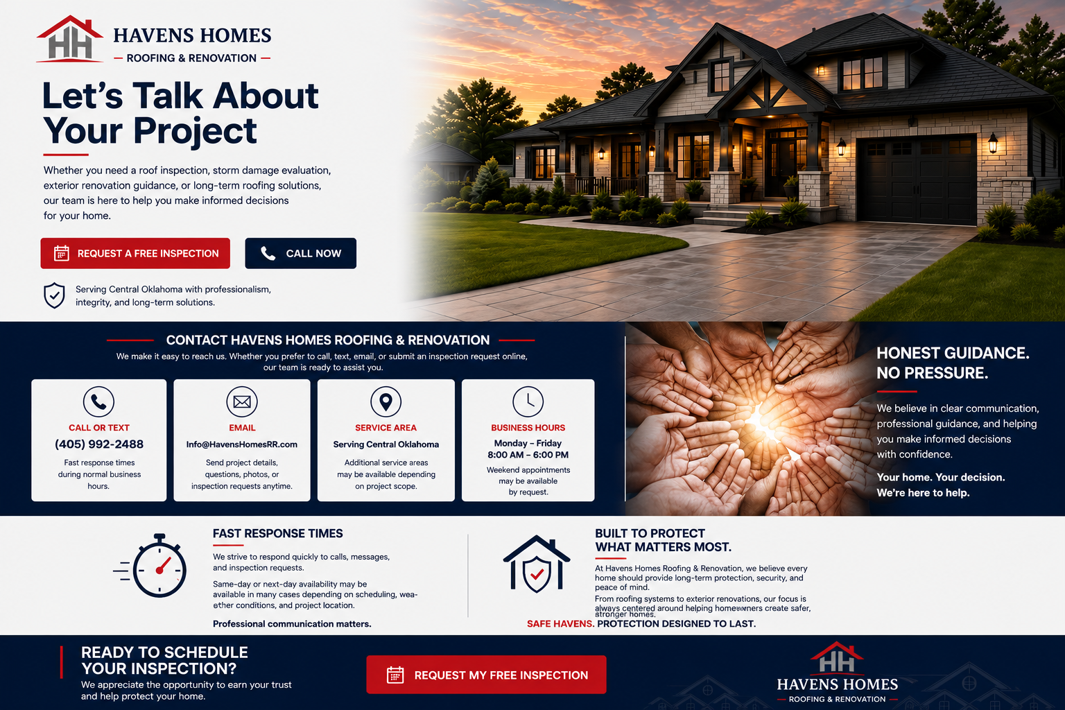 A modern house with a landscaped front yard, driveway, and porch illuminated at sunset, with promotional content for Havens Homes roofing and renovation services overlaid.