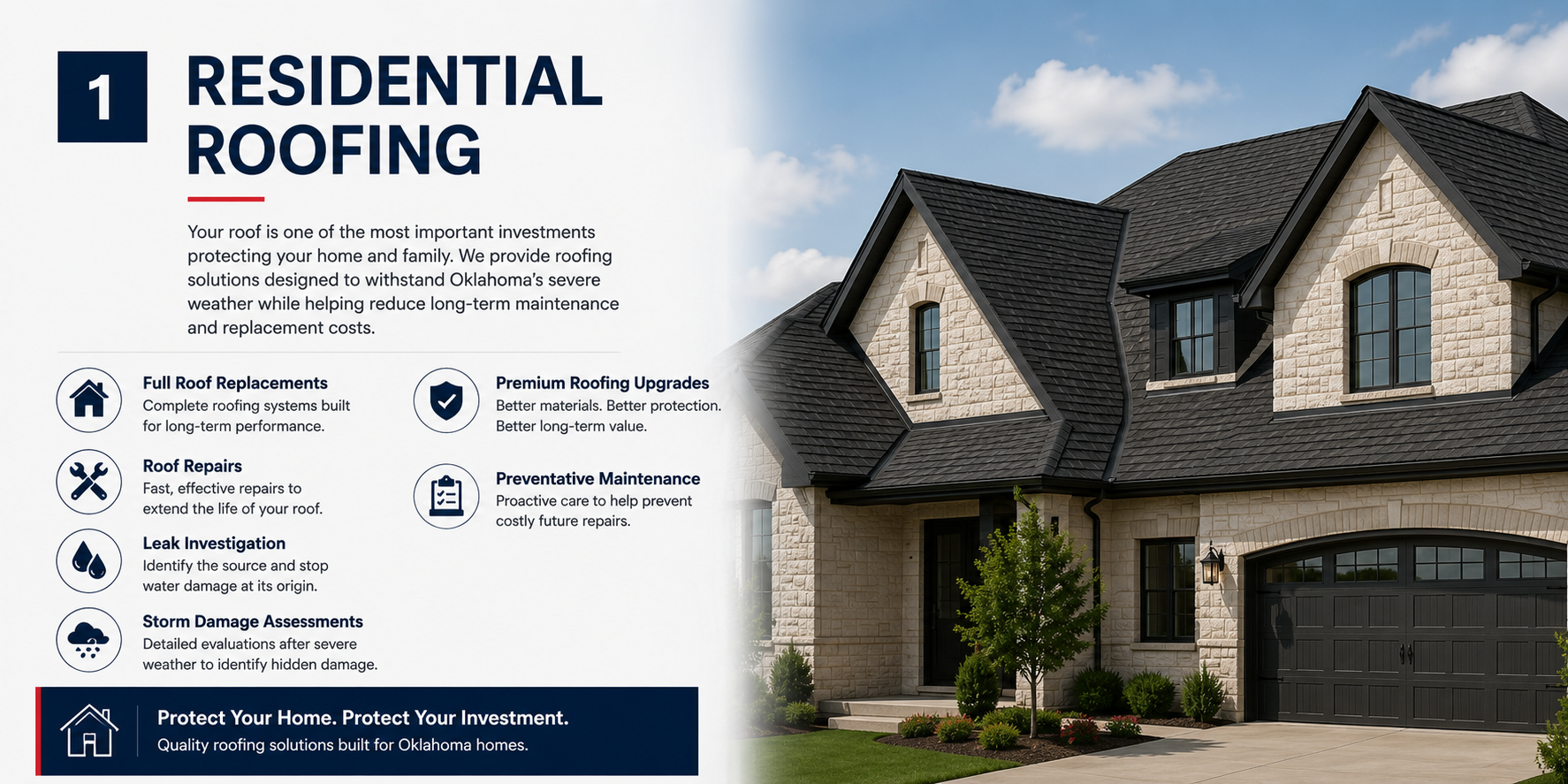 A promotional flyer for residential roofing services with an image of a large suburban house featuring dark shingles, a landscaped front yard, and a clear blue sky.