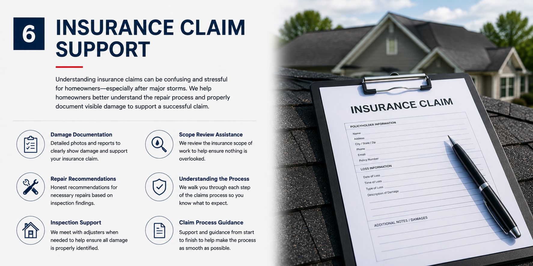 Image showing an insurance claim support informational graphic and a clipboard with an insurance claim form on a house roof with neighboring houses in the background.