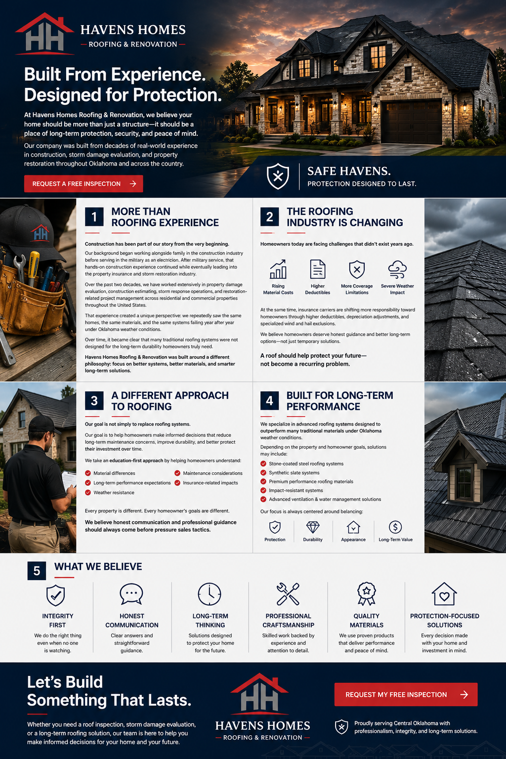 Promotional flyer for Havens Homes Roofing & Renovation featuring a large house at sunset, with informational sections on roofing experience, industry changes, approach, long-term performance, company values, and a call to action for a free inspection.