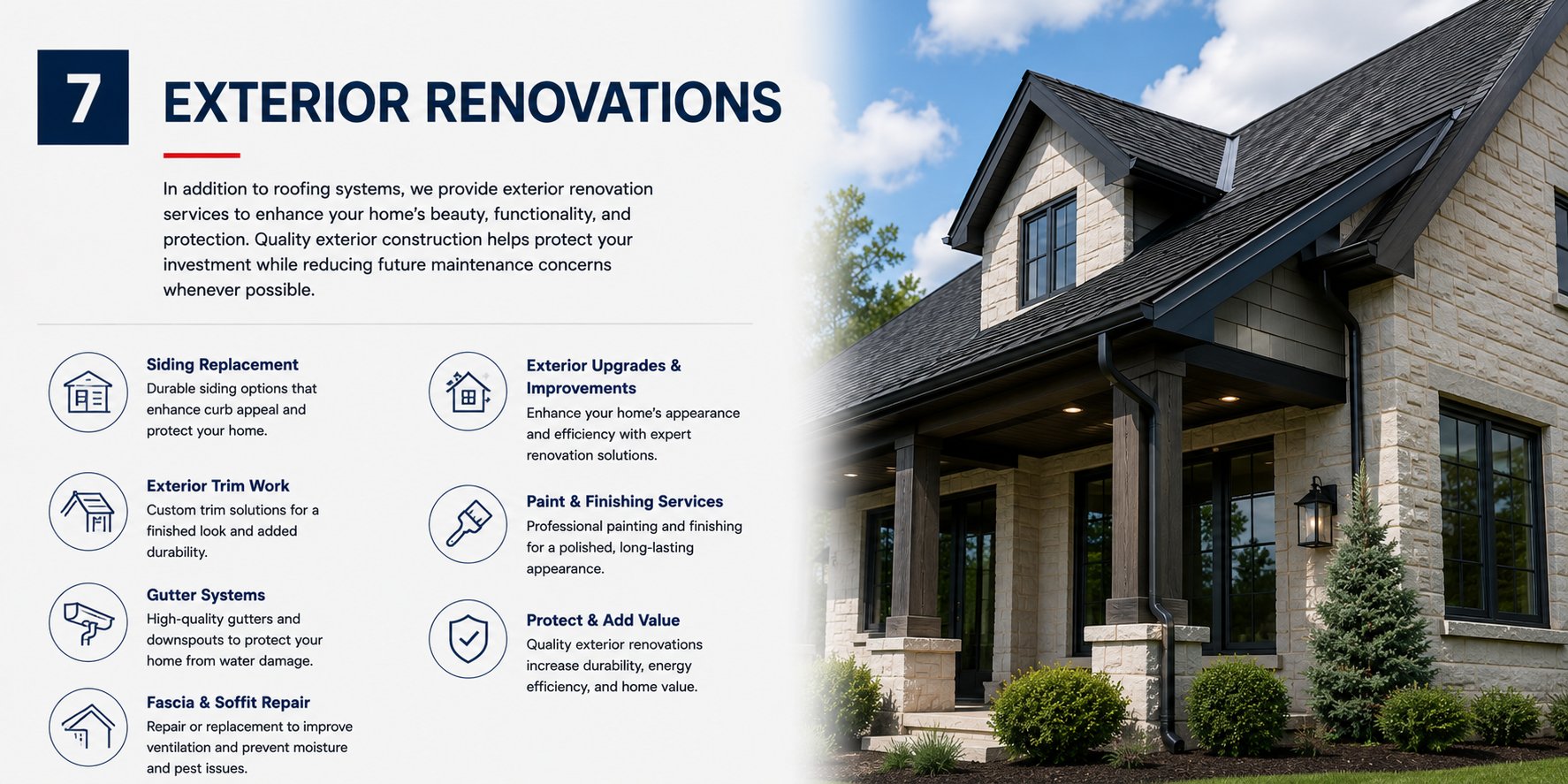 Flyer advertising exterior renovations for a house, featuring services like siding replacement, exterior trim work, gutter systems, fascia and soffit repair, exterior upgrades, and painting.