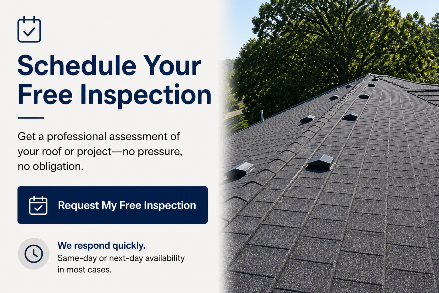 Promotional graphic offering free roof inspection, featuring a photo of a roof with vents and a large tree in the background, alongside text and a call-to-action button.