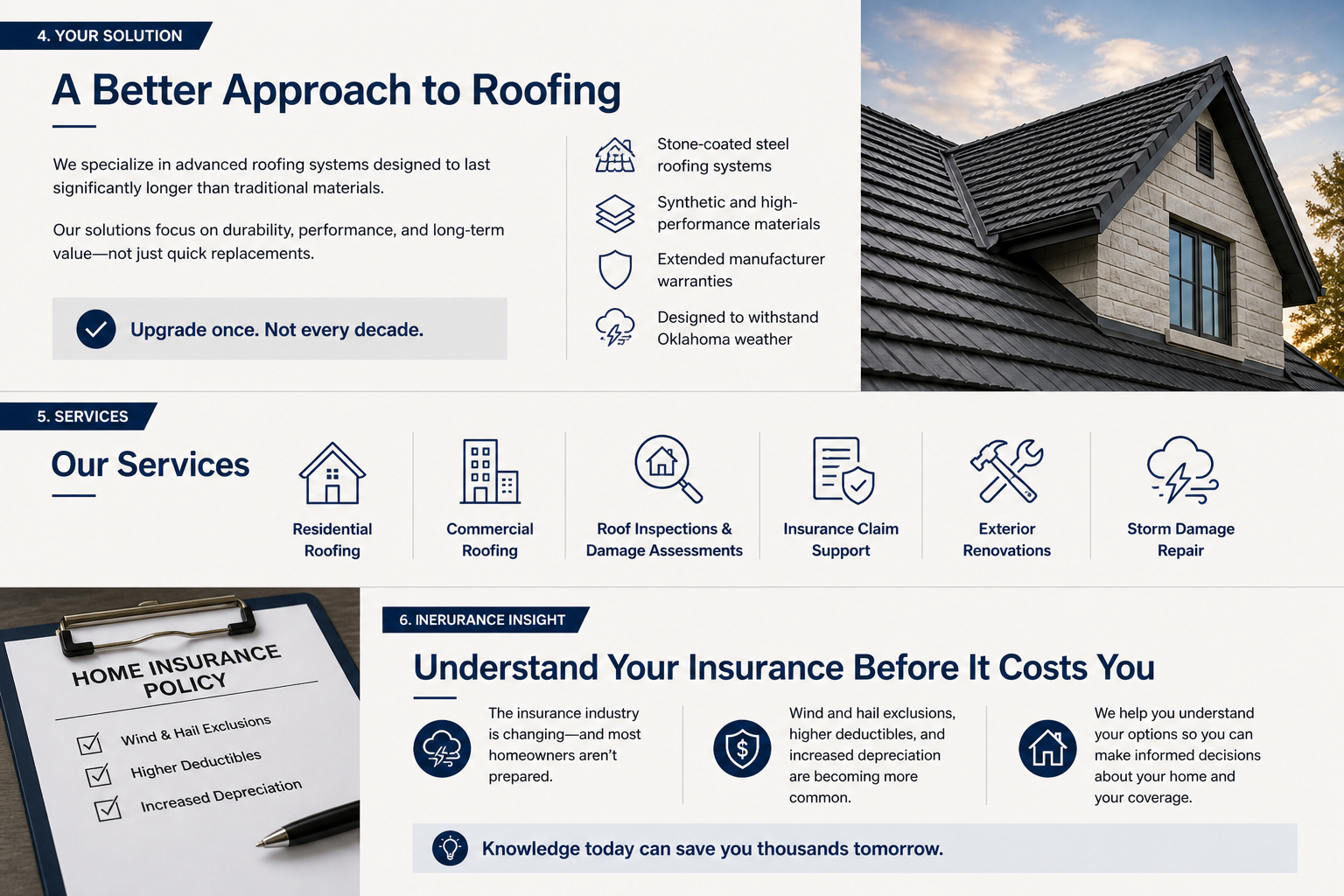 A section of a webpage promoting roofing solutions with an image of a house roof and a home insurance policy.