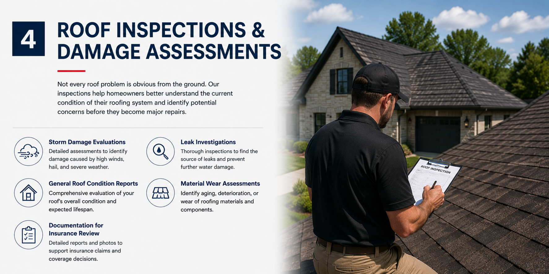 An inspector in a black shirt and cap standing on a brown shingled roof, taking notes on a clipboard labeled 'Roof Inspection', with a suburban house and green trees under a partly cloudy sky in the background.
