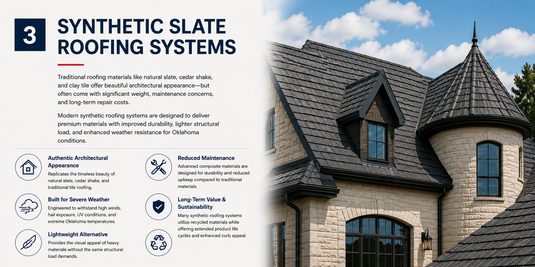 Page titled 'Synthetic Slate Roofing Systems' with an image of a beige stone house featuring a steeply pitched roofing covered with dark synthetic slate tiles, dormer windows, and a turret. The house has a black gutter system and a lantern-style exterior light.