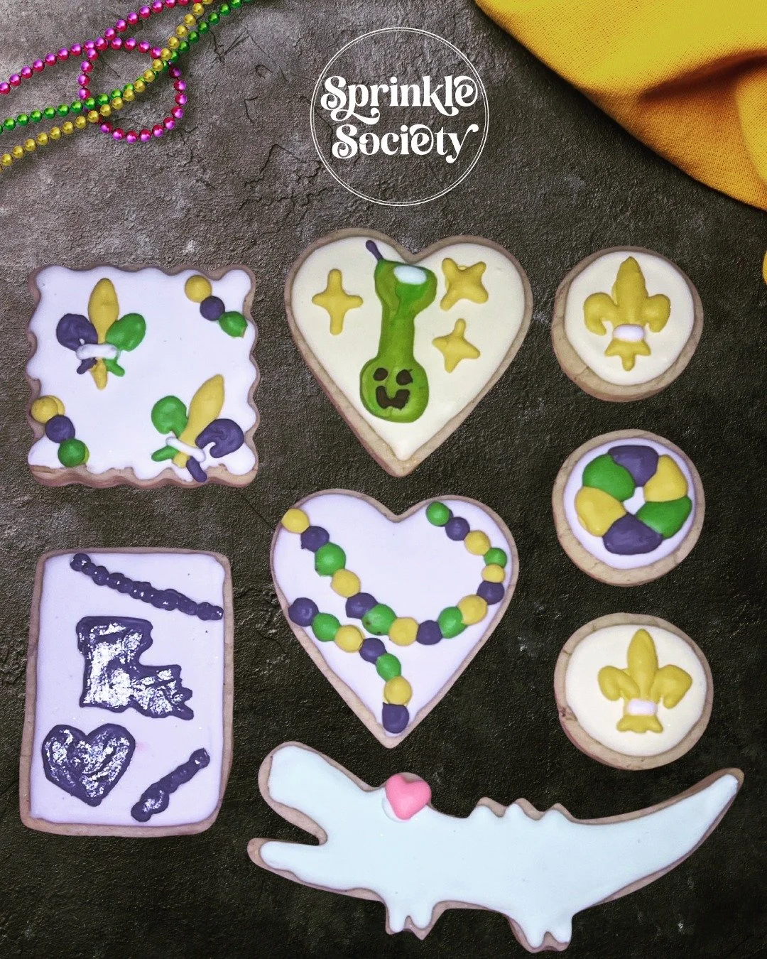 A little color, a little sparkle, and a touch of celebration 💜💛💚

Mardi Gras, but make it a sweet treat. Booking custom cookies for any celebration. 

#customcookies #decoratedcookies #royalicingcookies #fortcollinsbakery #mardigras #handgrenade #