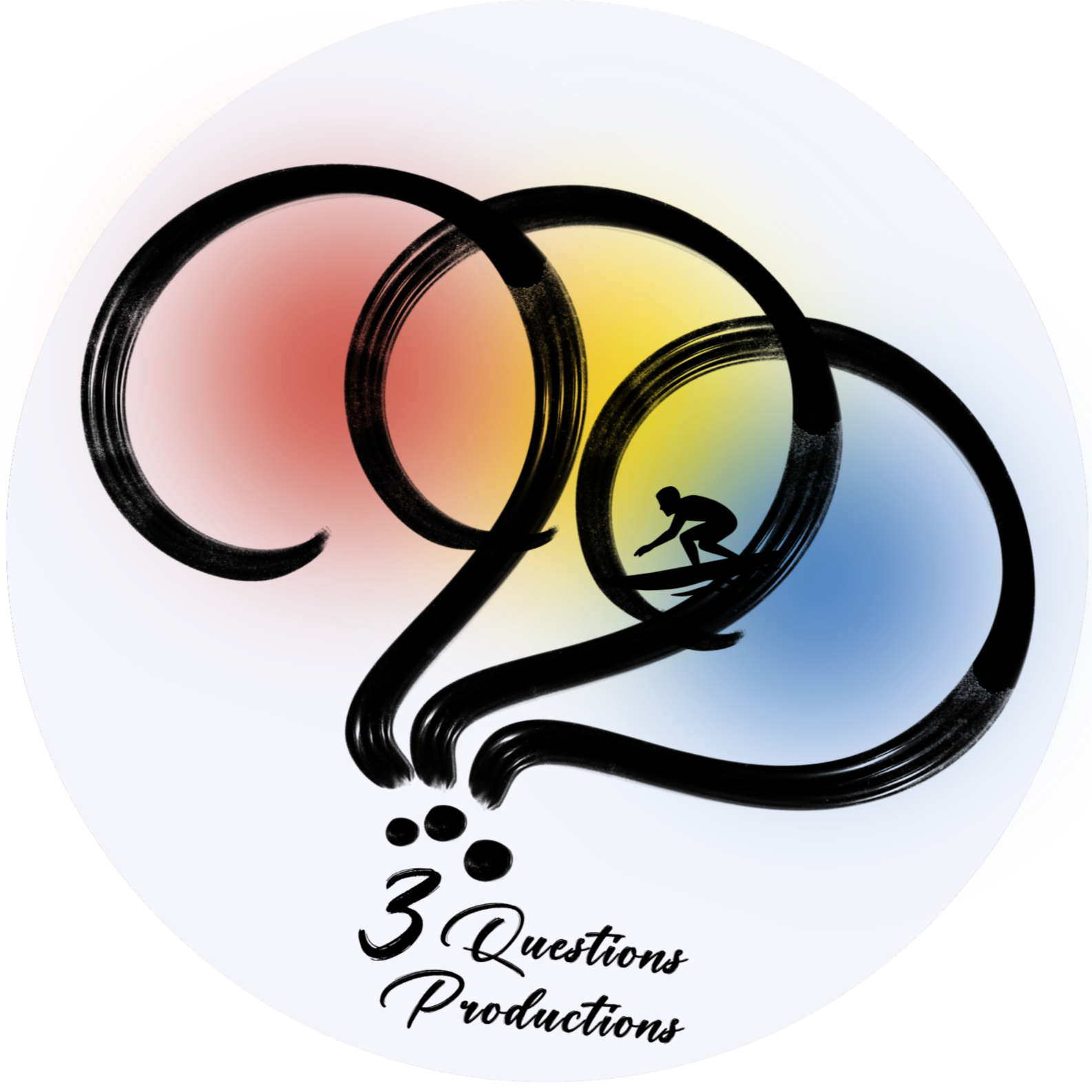 3 Questions Productions stylized logo with colorful background, featuring a small silhouette of a surfer riding the waves.