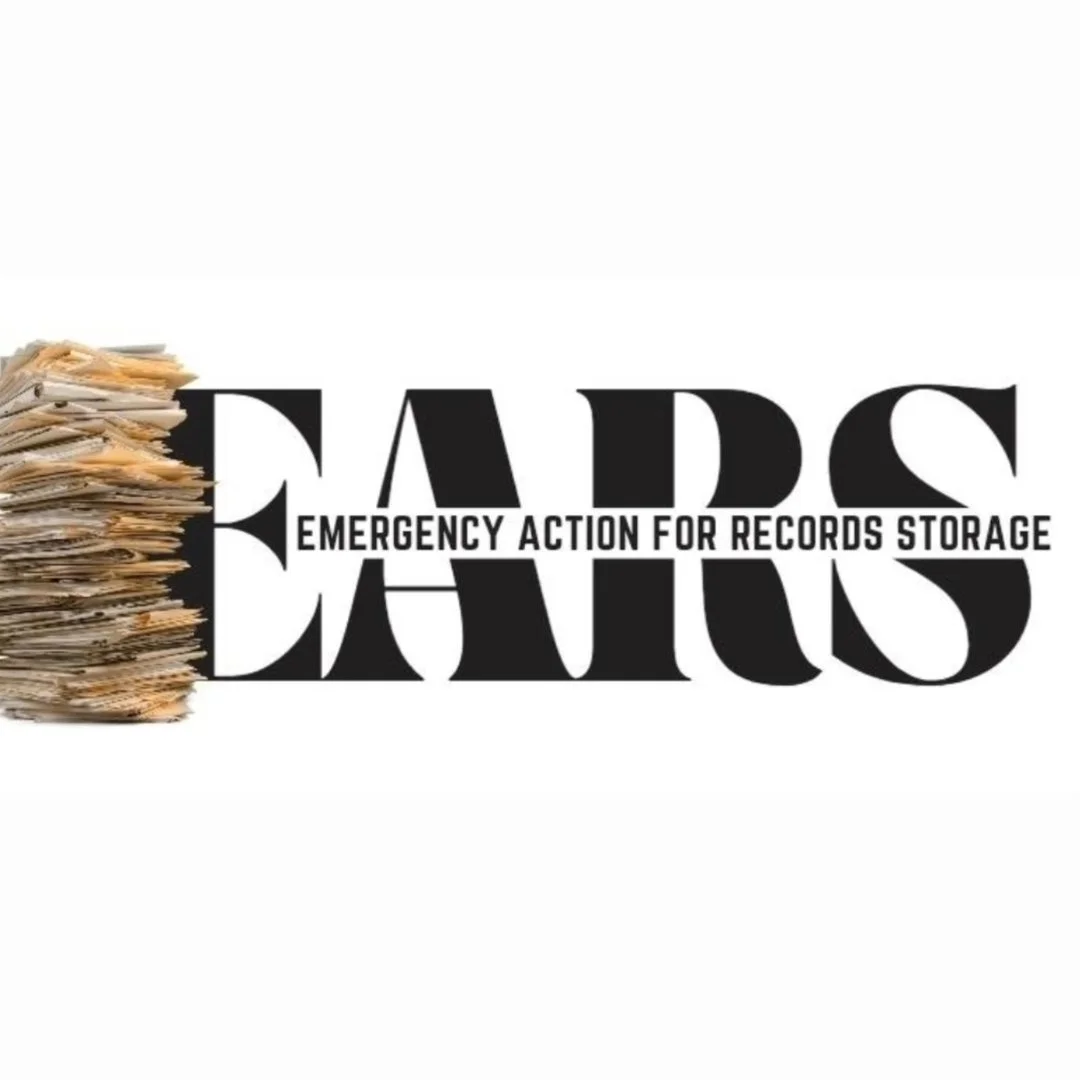 EARS logo featuring large black text written across the middle, accompanied by a stack of disorganized paper files on the left.