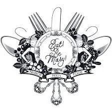 Decorative "Eat, Drink, Be Merry" logo, featuring illustrations of cutlery, flowers, and party elements.