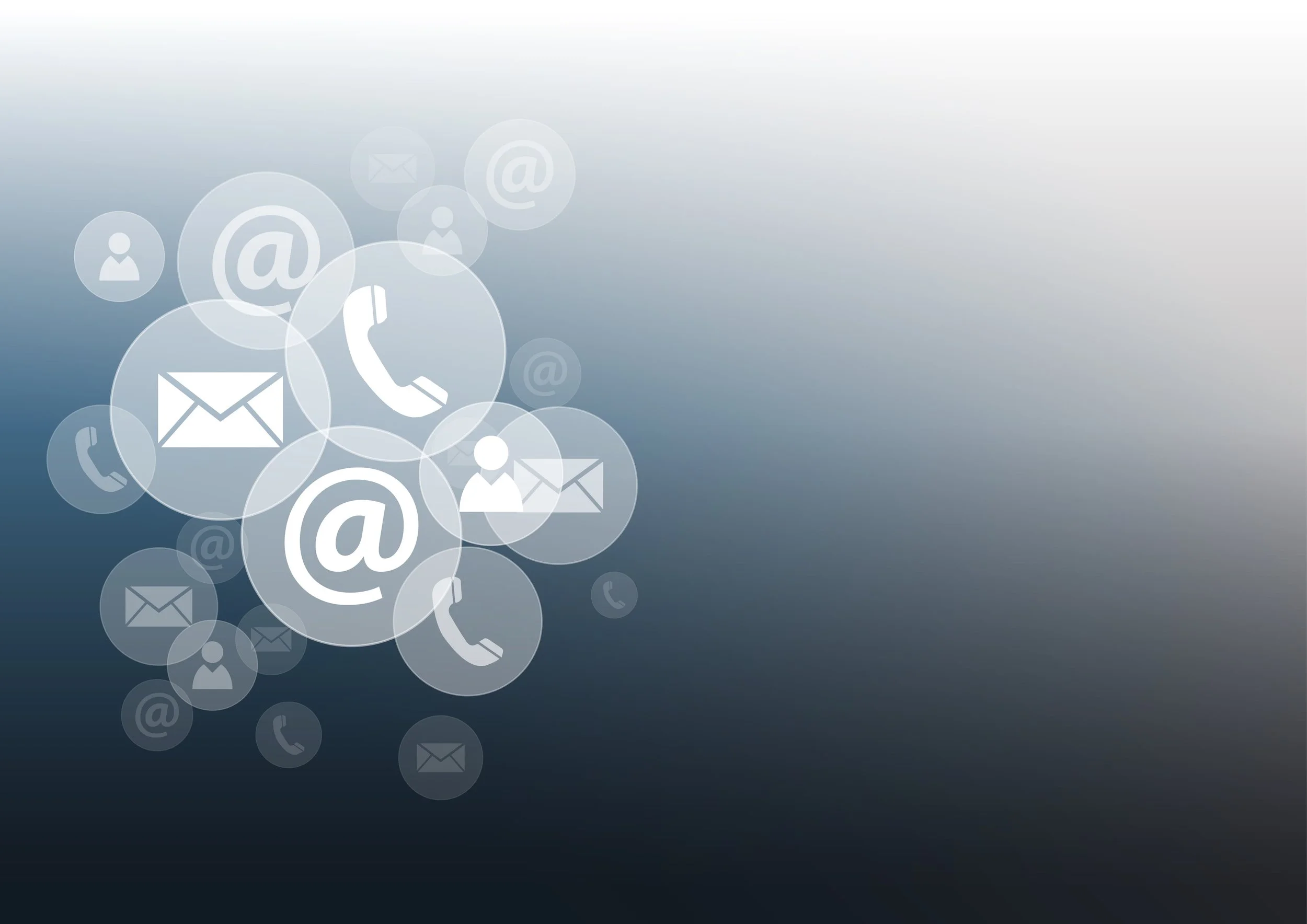 A digital graphic with various communication icons such as email, phone, and person, over a gradient background.