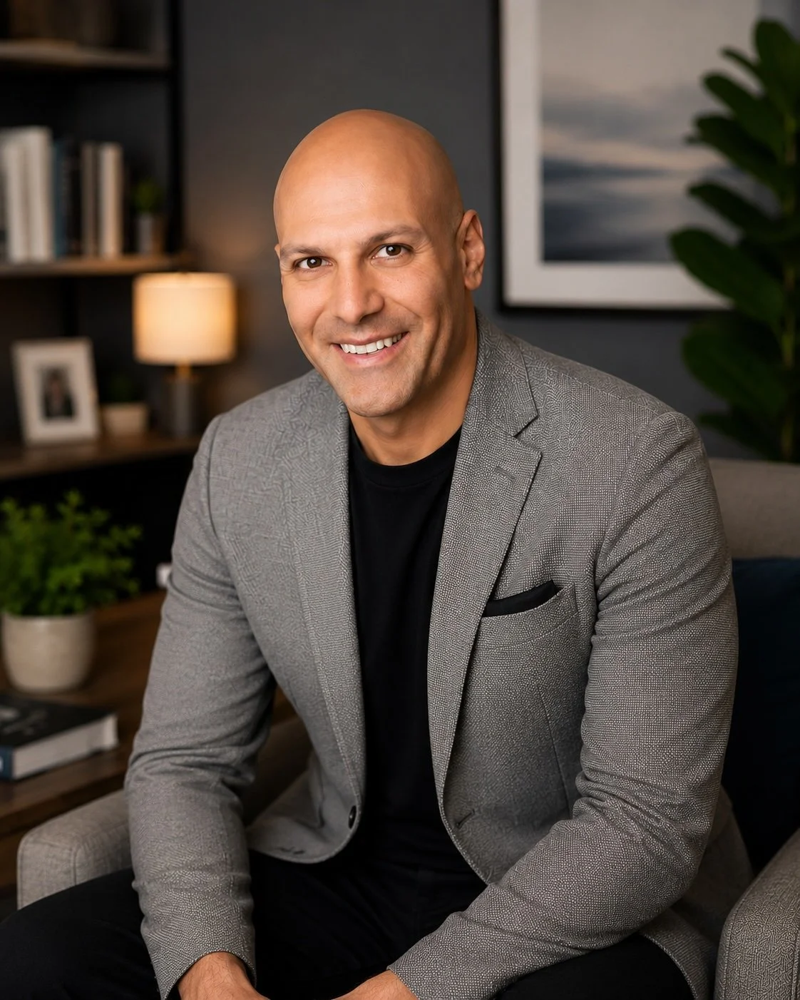 A smiling man in a gray blazer sitting in a modern, cozy living room with bookshelves, a lamp, framed photos, and plants.