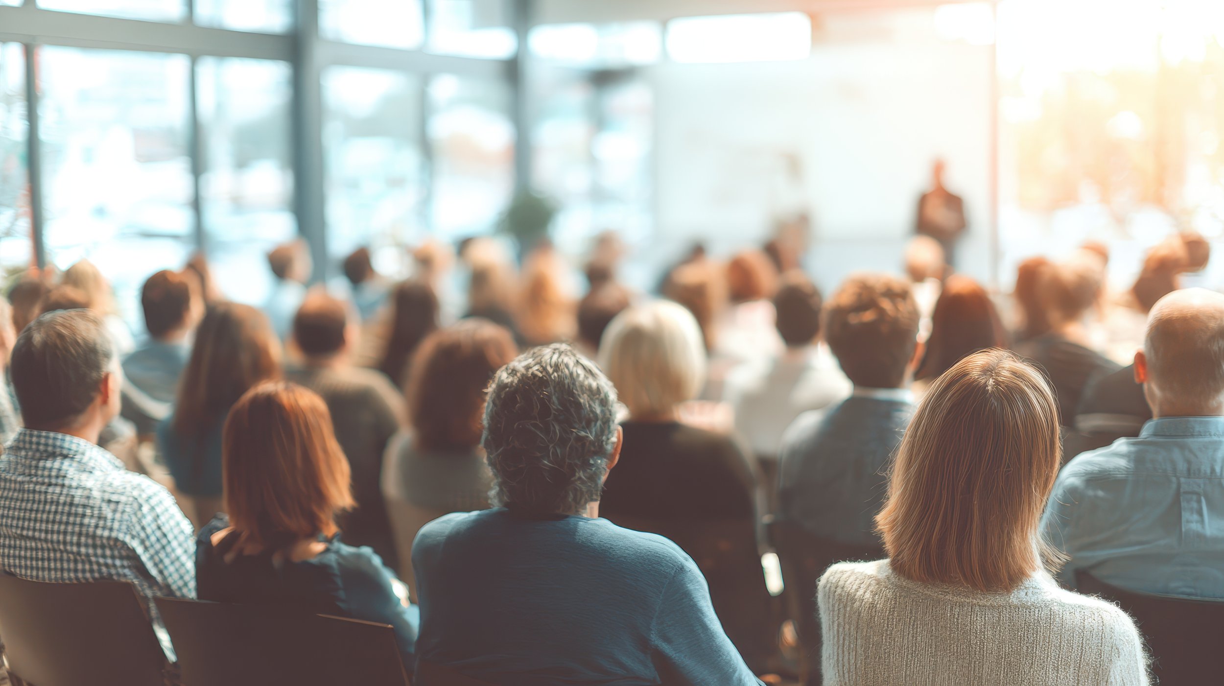 A large group of diverse people sitting and listening to a speaker at the front of a room during a presentation or conference.