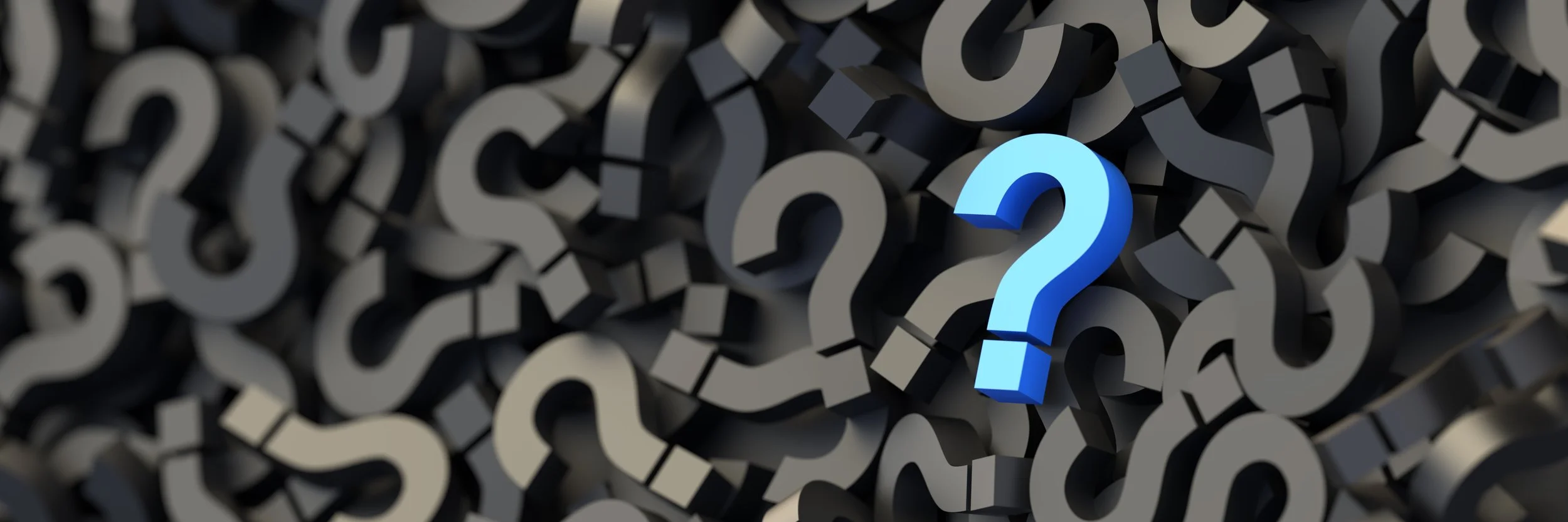 Numerous black and gray question marks with a prominent blue question mark in the center.