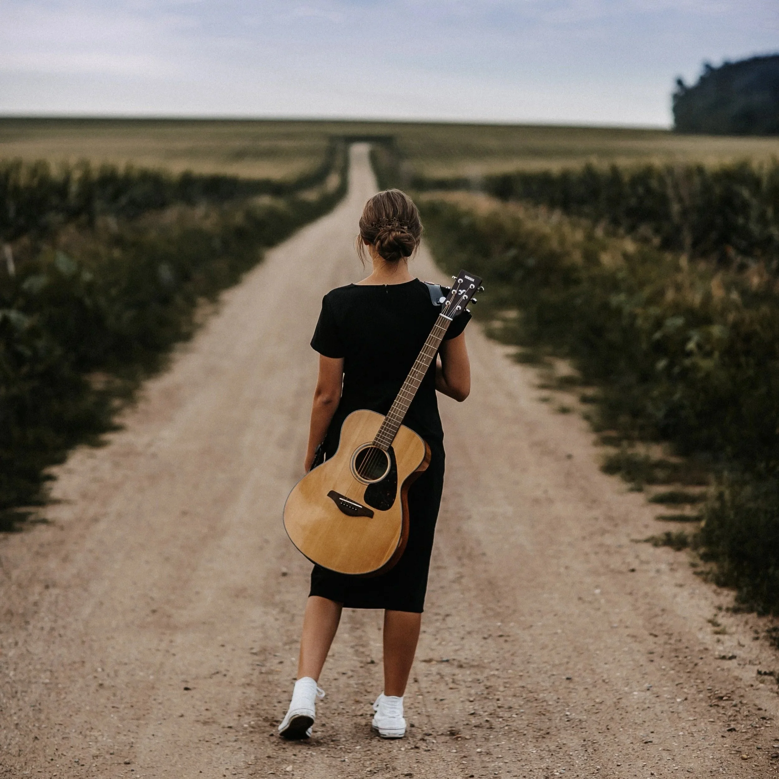 A person with a guitar walking on a dirt road through farmland, viewed from behind, with a large hill or mountain on the right.