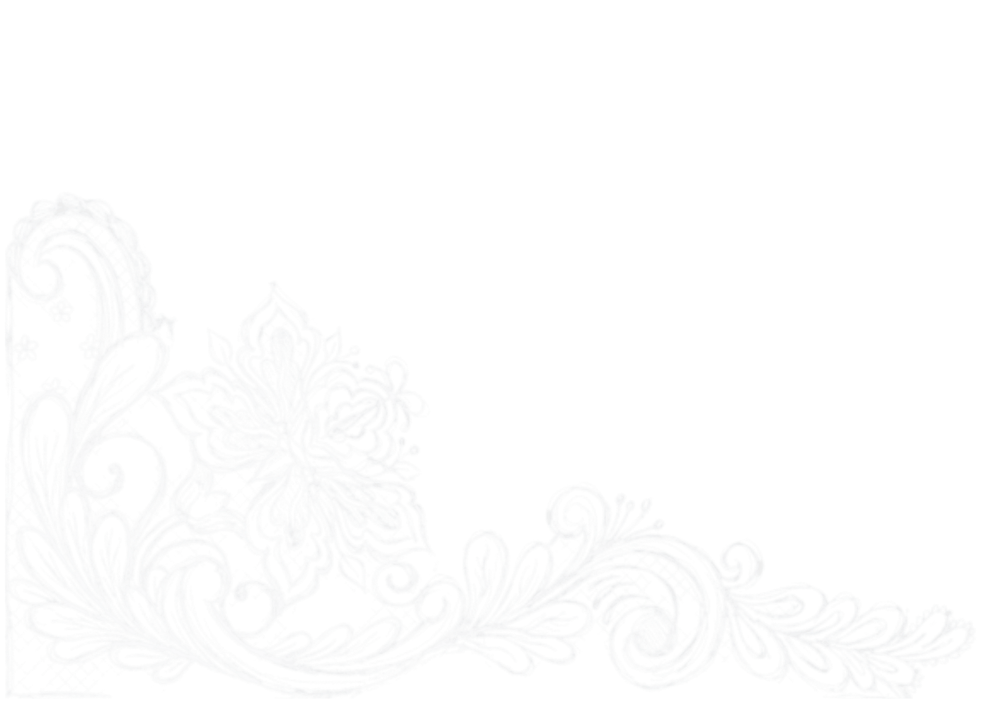 White lace floral border with intricate swirls and patterns on a black background.