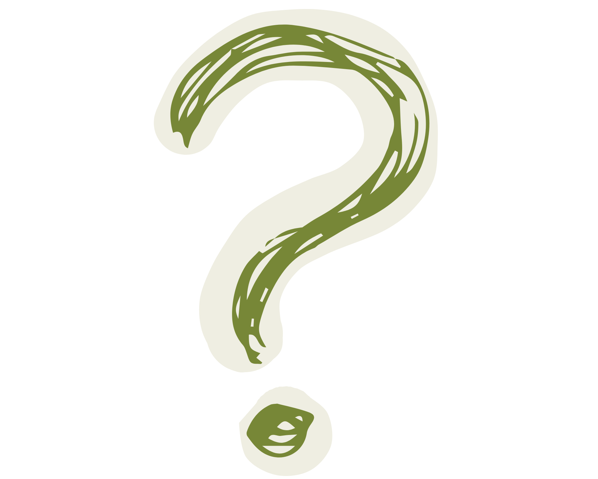 A stylized question mark with a curly design, featuring green and white colors.