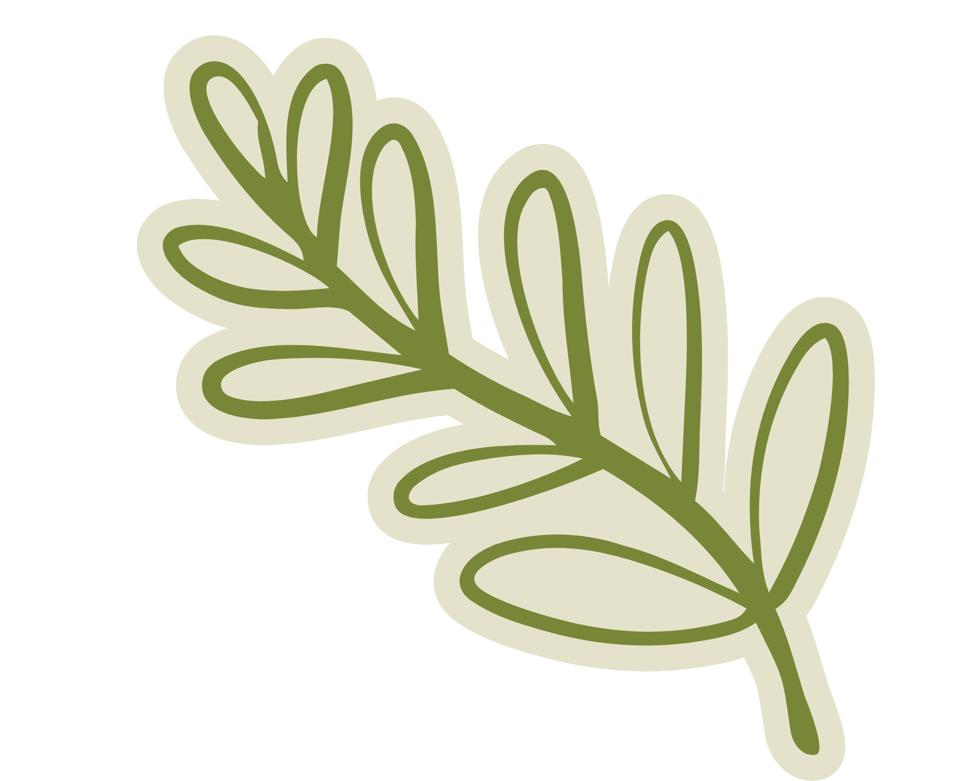 A stylized green leafy plant with multiple elongated leaves and branches on a black background.
