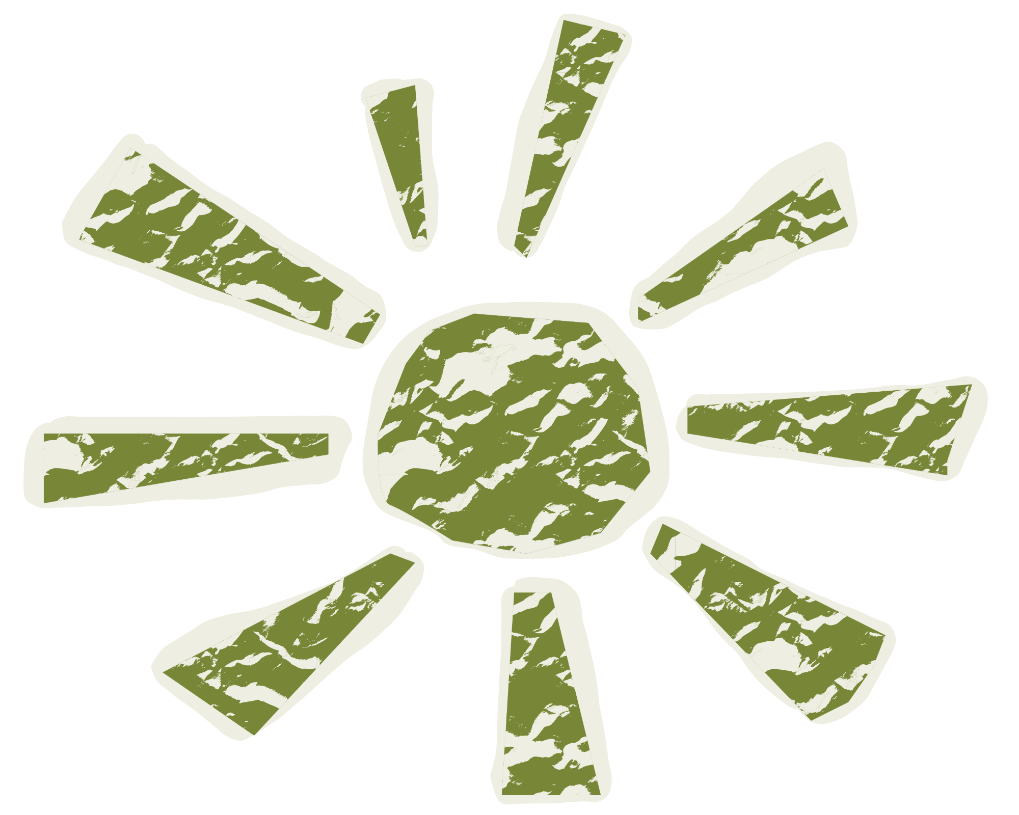 A stylized illustration of a smiling, spiky cartoon sun with rays. The rays are textured with a camouflage pattern in green and beige.