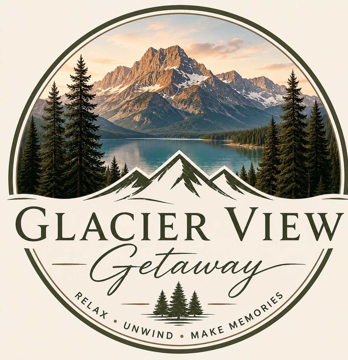 Logo for Glacier View Getaway featuring a mountain landscape with trees, a lake, and the text 'Glacier View Getaway' and 'Relax Unwind Make Memories'.
