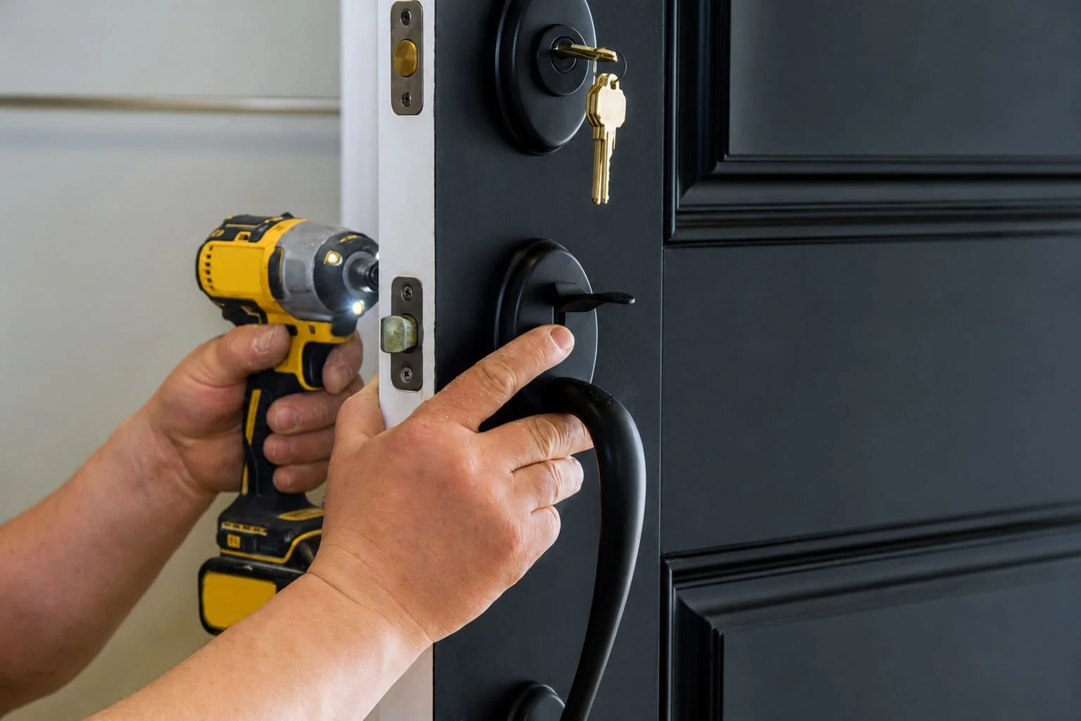 A person installing a black door handle with a power drill on a black door, with a key hanging from a lock.
