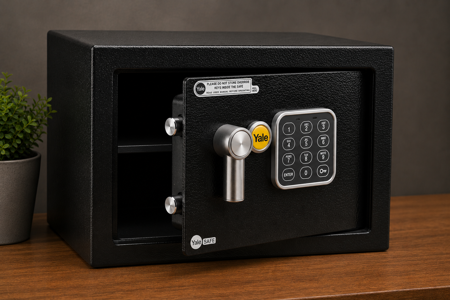 Black safe with keypad and handle on a wooden surface, with a potted plant beside it.