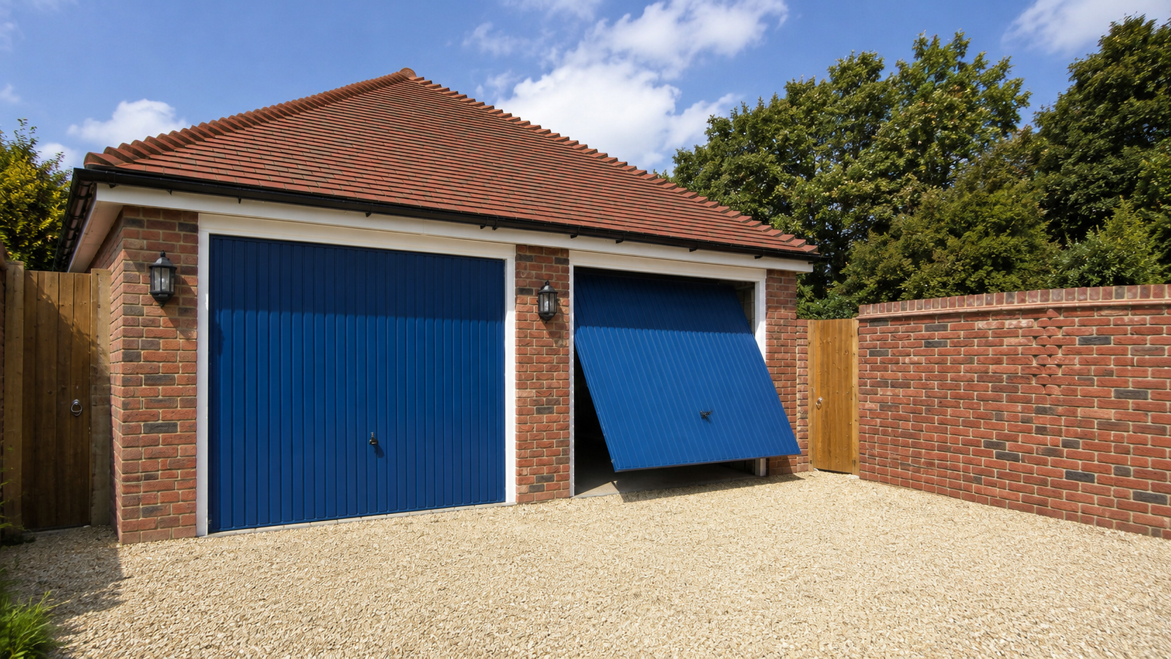 A brick garage with two blue doors, one of which is partially open, showing the blue interior. The garage is situated on a gravel driveway, with a wooden gate on the side and surrounded by brick walls and trees in the background.