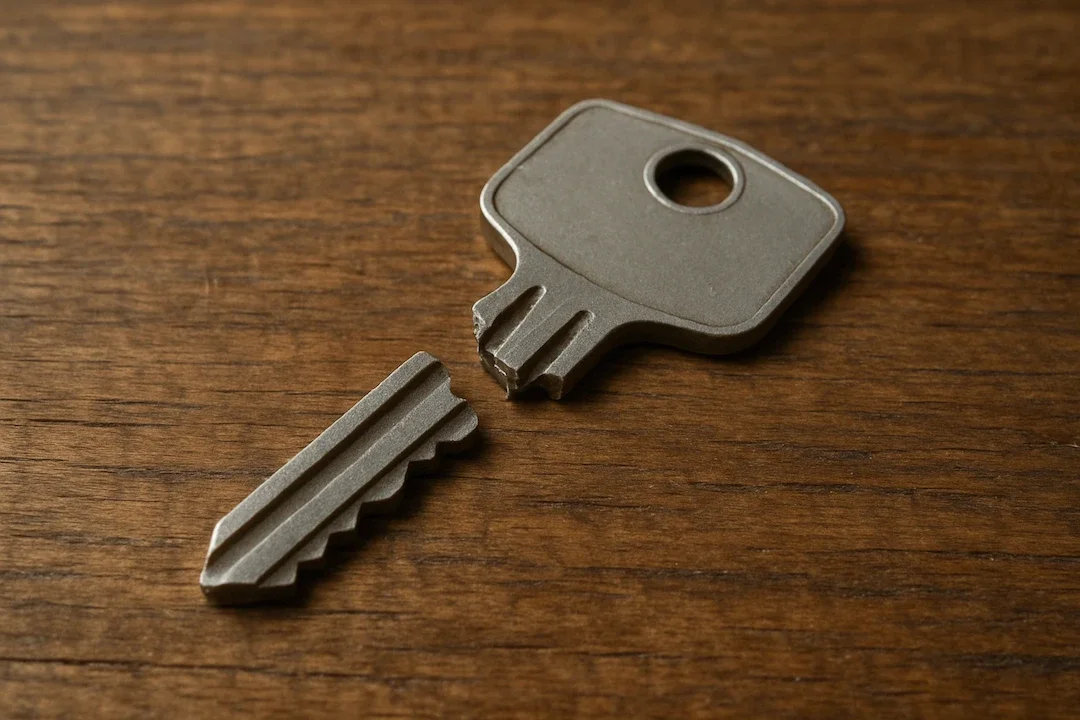 A broken key with a silver gray color lying on a wooden surface.