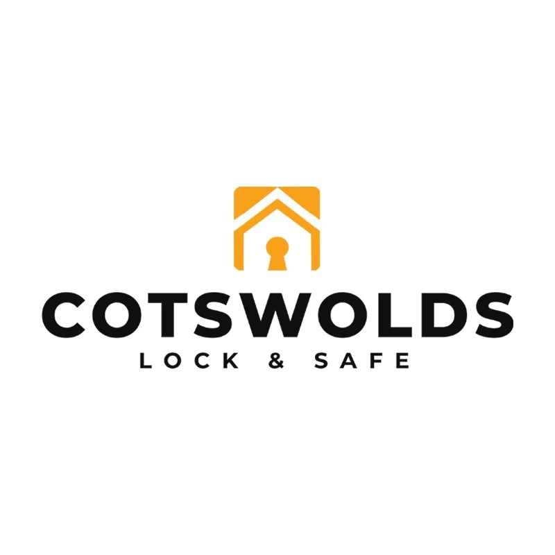 Logo for Cotswolds Lock & Safe featuring a stylized house with a keyhole and black bold text.