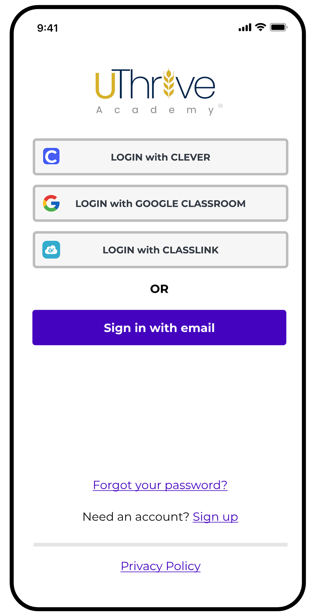 Mobile app login screen for UTThrive Academy, offering login options with Clever, Google Classroom, ClassLink, email, and links for password recovery, account creation, and privacy policy.