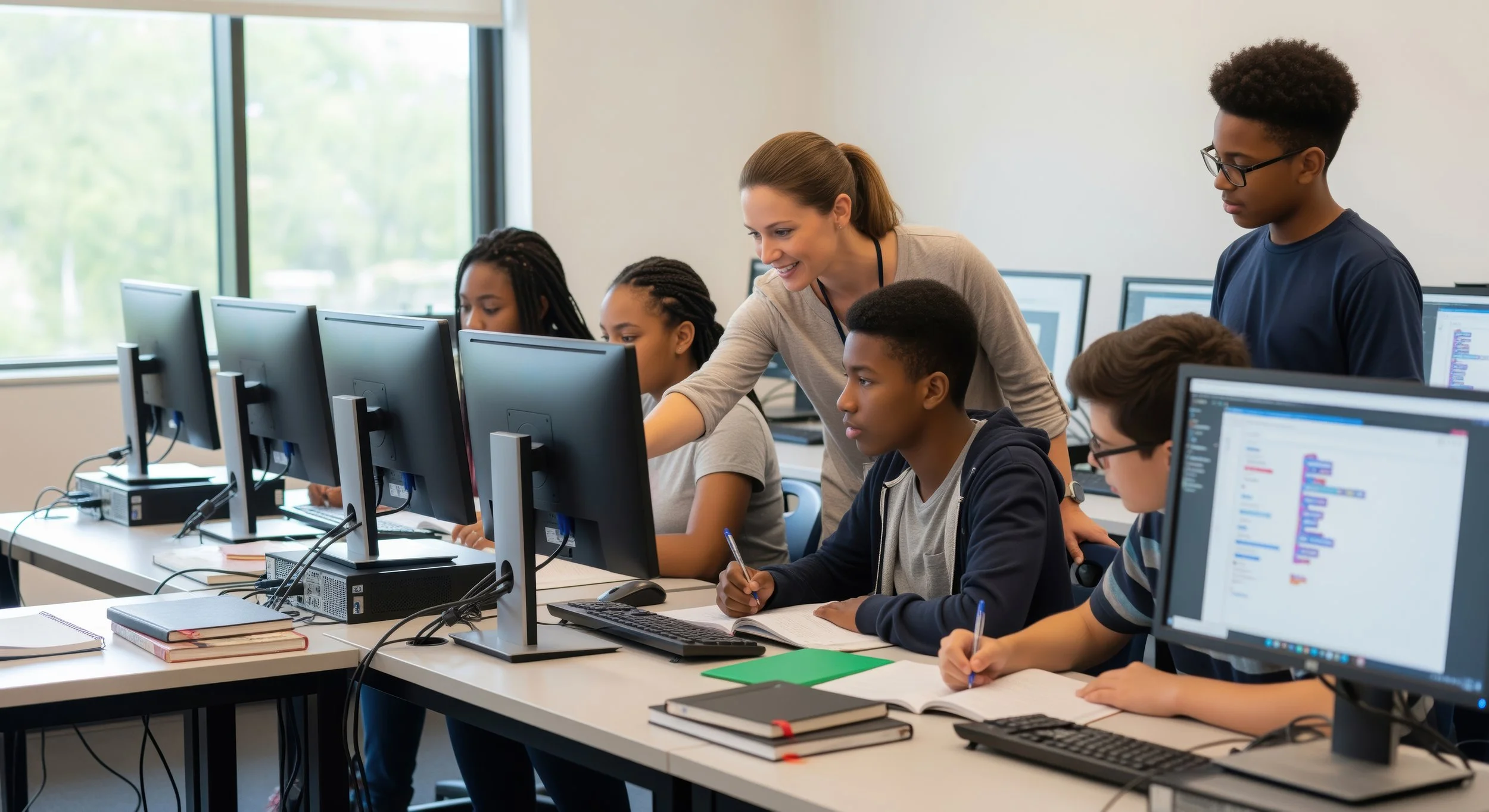 A classroom with students working on computers and a teacher assisting them.