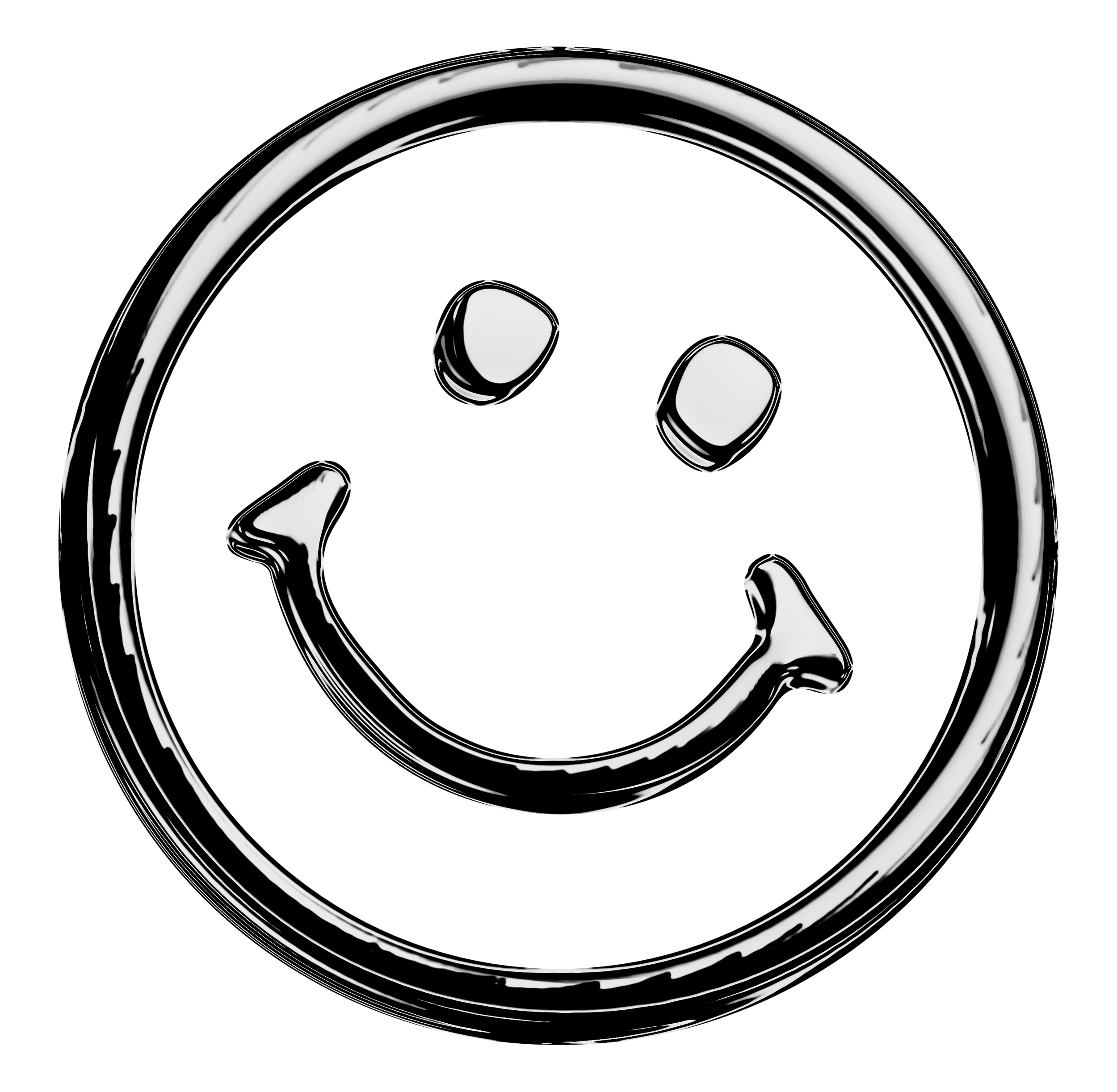 Close-up of a metallic smiling face emoji with a shiny surface, black eyes, and a curved mouth, against a black background.