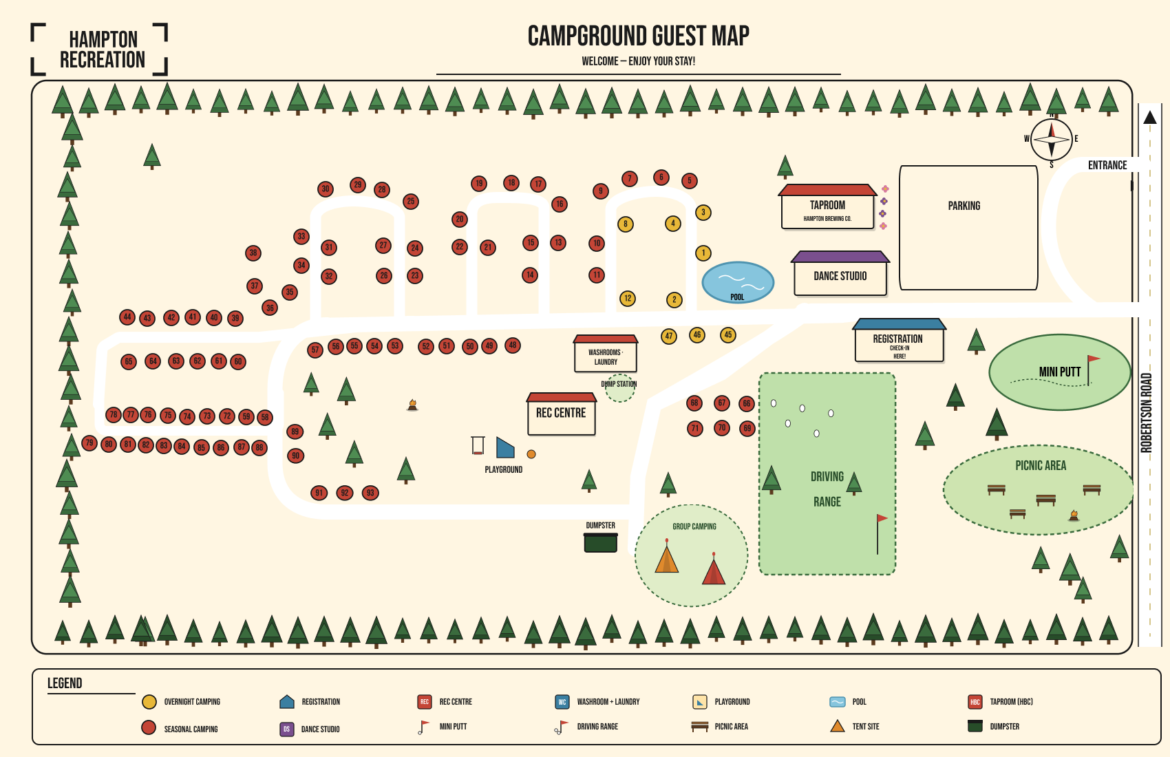 Map of Hampton Recreation campground showing regions for seasonal and overnight camping, amenities such as a pool, dance studio, washrooms, playground, mini golf, picnic area, driving range, registration, and designated tent sites. Entrance on the right side, with parking area near the entrance and various numbered campsites throughout the wooded area.