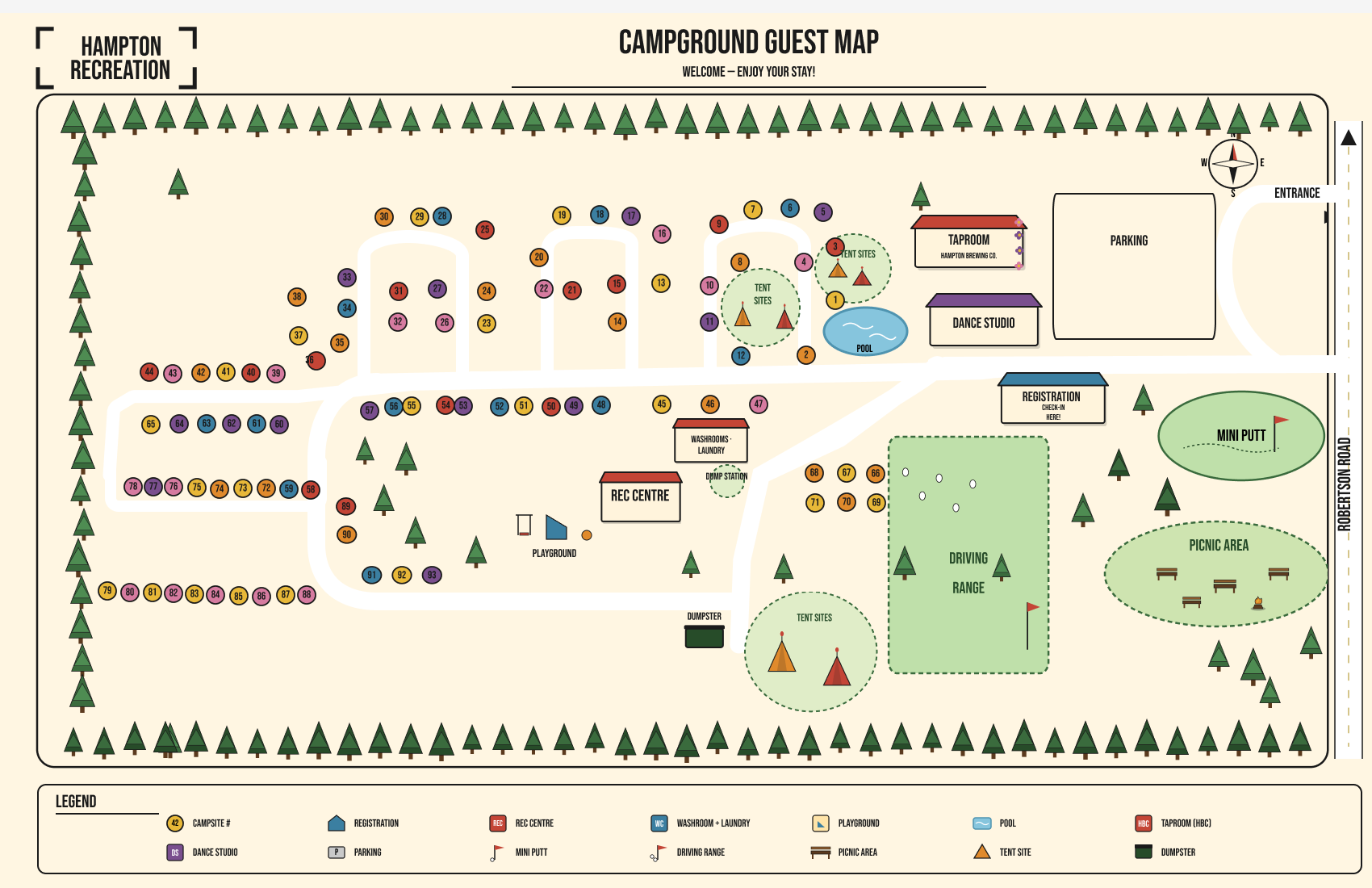 A detailed campground guest map showing various amenities including a registration area, washrooms, laundry, playground, pool, taproom, dance studio, mini putt, picnic area, and driving range. It also features tent sites, parking, numbered campsites, a dump station, and suggests a layout with surrounding trees.